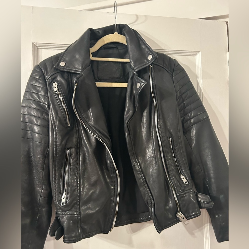 AllSaints Balfern Black Leather Biker Jacket Size US 2